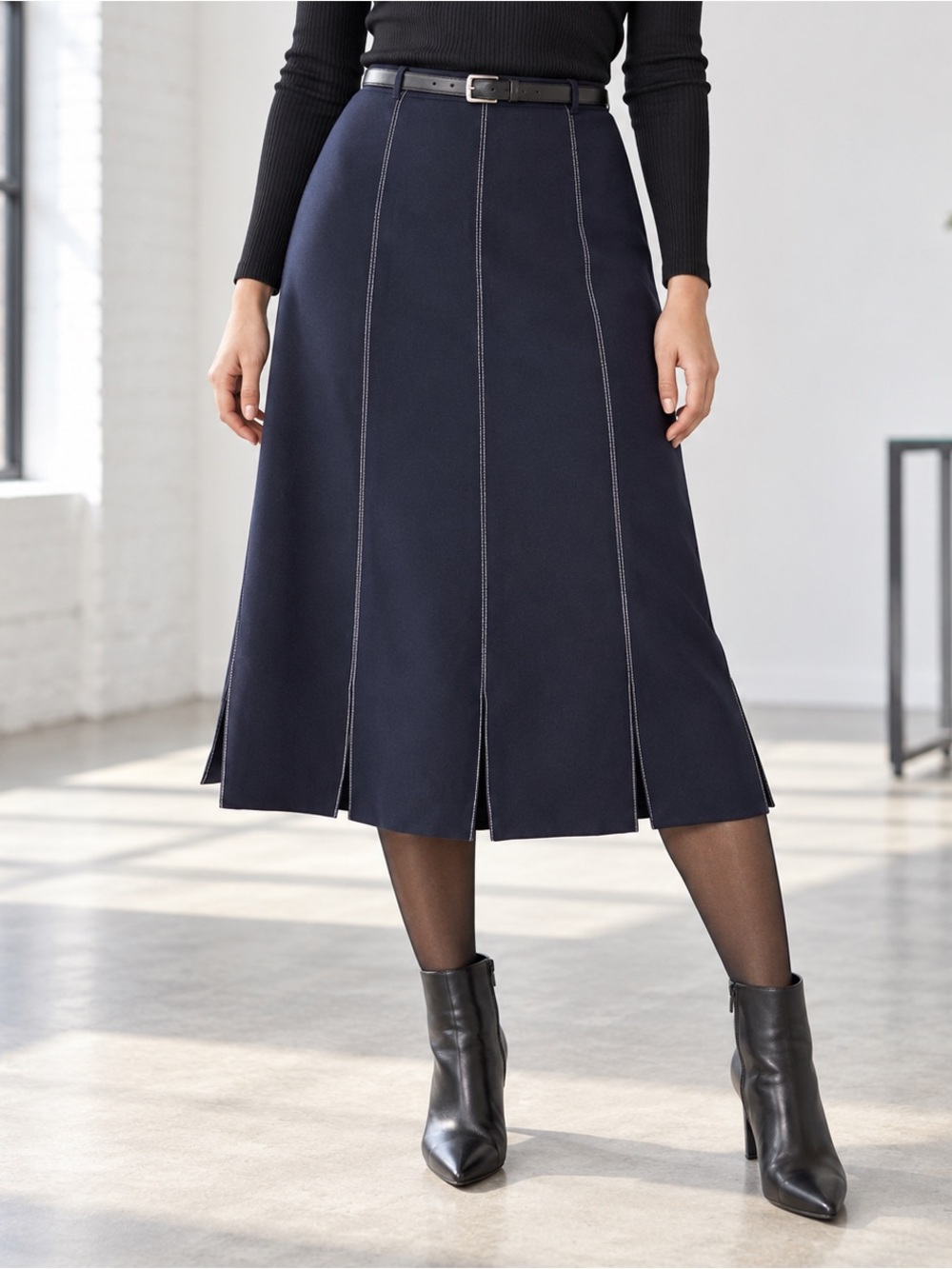 Albert Nipon Black Contrast Stitch Pleated Midi Skirt Size 10 Dark Academia